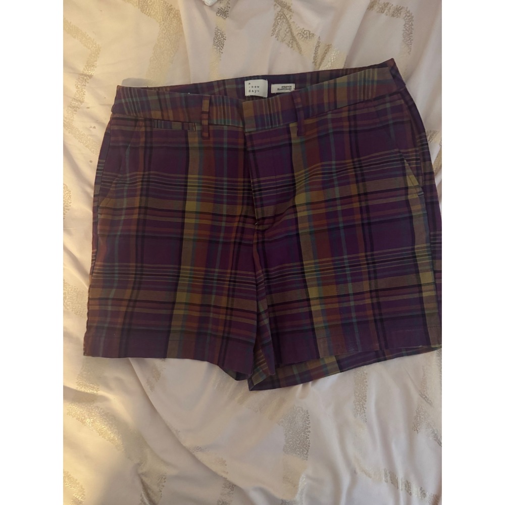 A New Day Womens Purple Plaid Stretch Chino Shorts Size 8 Multi Color Check